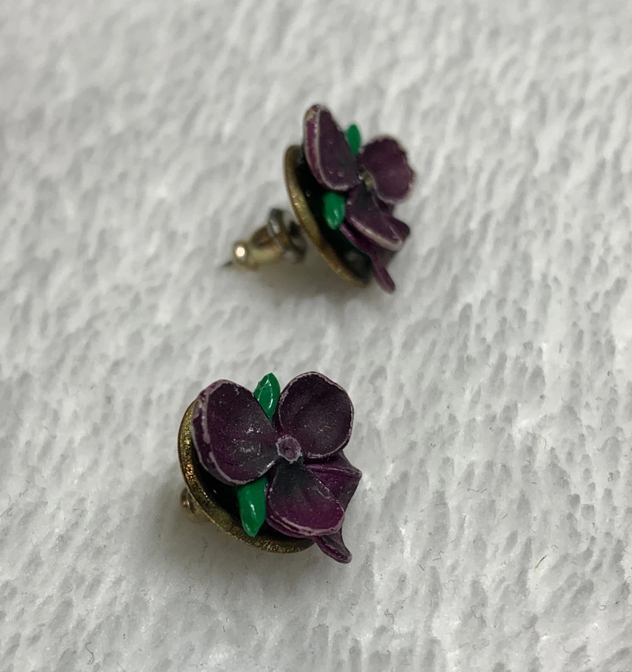 Aretes vintage de cerámica con flores violetas Foto 4 de 4