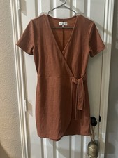 Madewell Texture & Thread Short Slv Faux Wrap Side-Tie Dress Small Burnt Clay