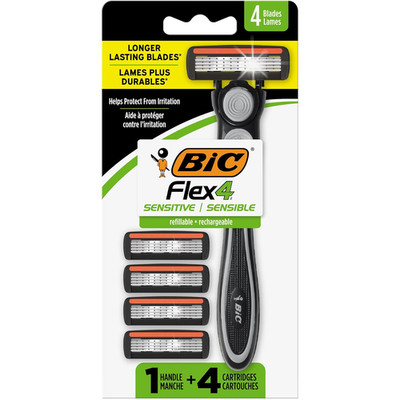 BIC Flex 4 Refillable Men's Razor Sensitive Skin 1 Handle 4 Cartridges, 5 Count