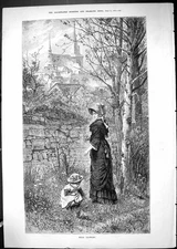 Old Antique Print 1881 Wild Flowers Young Girl Mother Church Scene Nature 19th