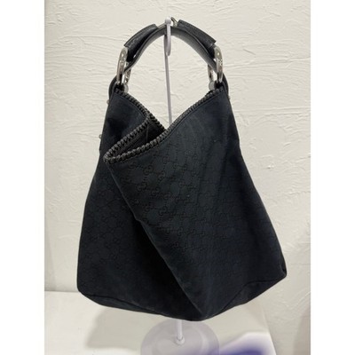 Gucci Large Black  Horsebit Chain GG Canvas Monogram Hobo Bag