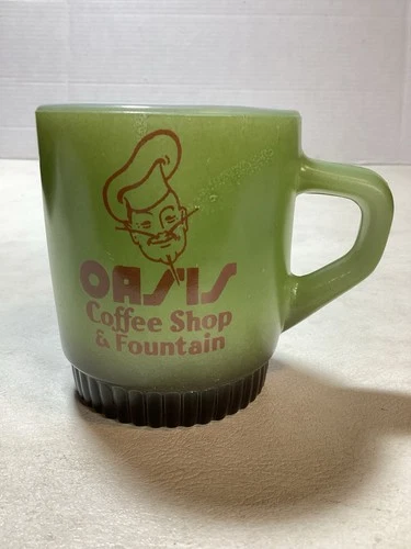 Vintage Anchor Hocking Fire King Green Oasis Coffee Shop Stackable Mug 