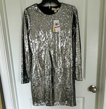 Michael Michael Kors Silver Sequin Mini Dress Long Sleeve Round Neck Zip Size S