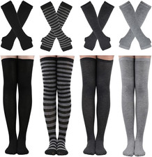4 Sets Womens Striped Knee High Socks Long Knit Arm Warmers Fingerless Gloves...