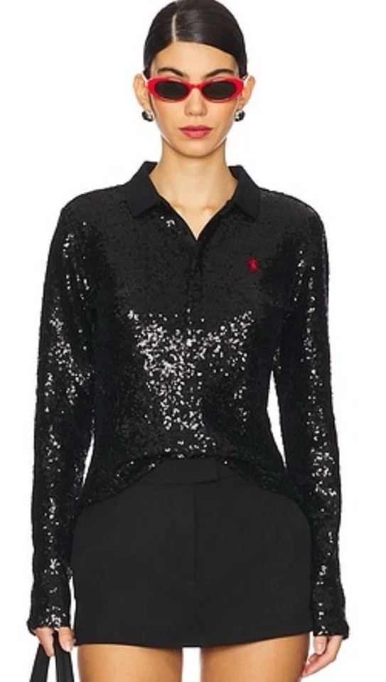 NWT $328 Ralph Lauren Polo Shirt XL Black Fully Sequined LS Holiday Party Top - Image 2 of 4