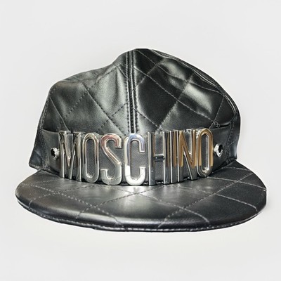 Moschino Quilted Leather Baseball Cap Black Metal Silver Logo Hat Size L