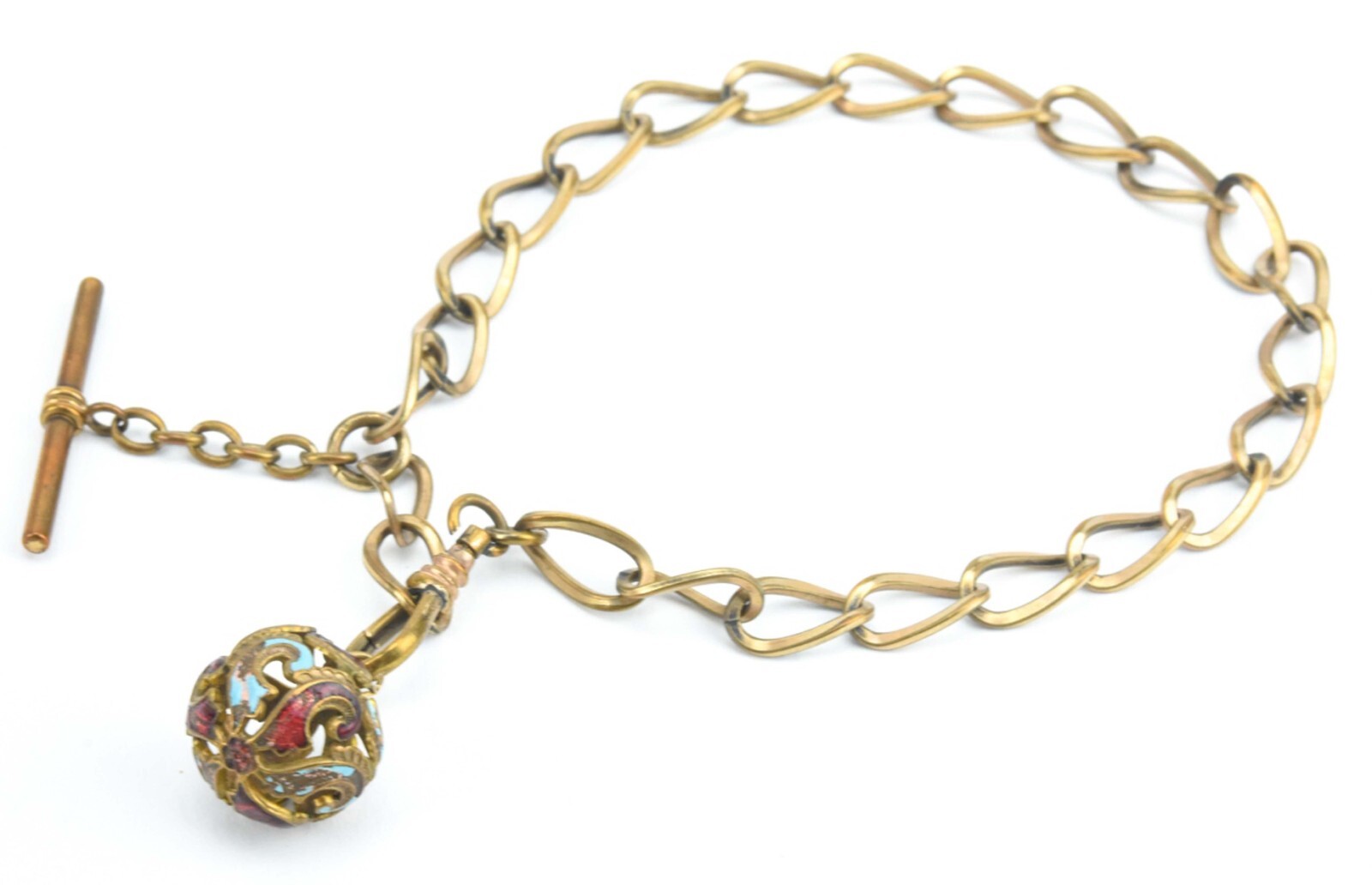 Antique, 19thC, Curb Link, Watch Chain, w/Enamel FOB, G.F.