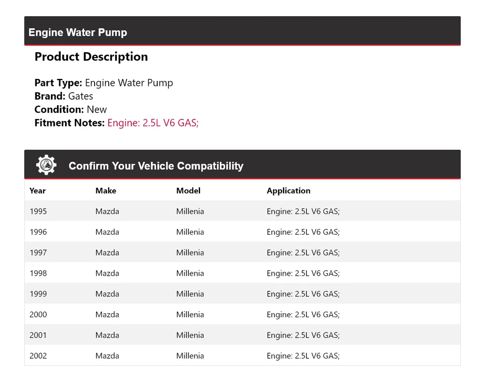 Para Mazda Millenia 1995-2002 2,5 L V6 Motor Gas Bomba Agua Puertas 1996 1997 1998 Foto 2 de 4