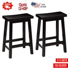 New ListingSet of 2 Counter Height Backless Bar Stool Saddle Wood Kitchen Stools Black Us