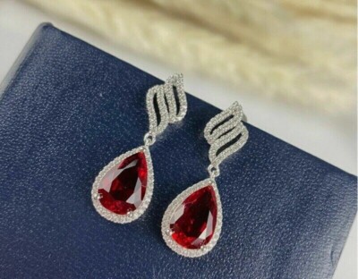 4 Ct Pear Cut Simulated Red Ruby Stunning Drop Earrings In 14k White Gold Plated