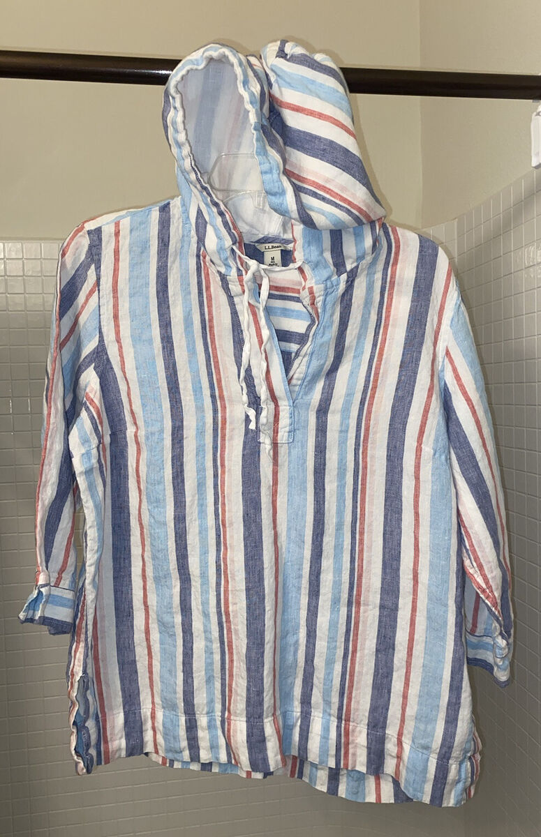 LL Bean Linen Shirt Womens Large Blue Striped Hooded Tunic Top 3/4 Sleeve  Boho M