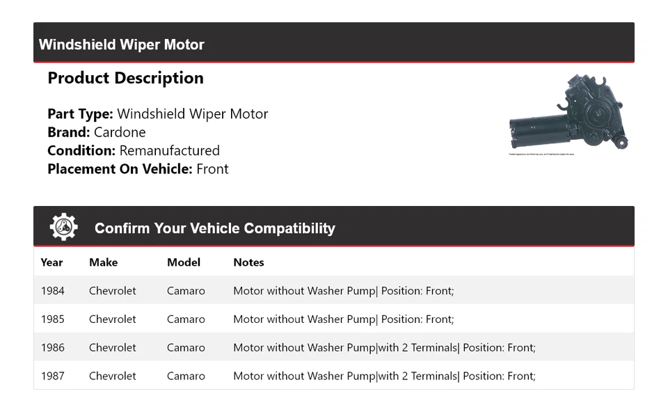 Para Chevrolet Camaro 1984-1987 Limpiaparabrisas Motor Delantero Cardone 1985 1986 Foto 2 de 4