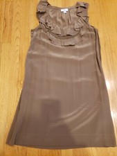 Womens Ann Taylor LOFT 100% Silk Brown Ruffle Neck Midi Dress Size Small