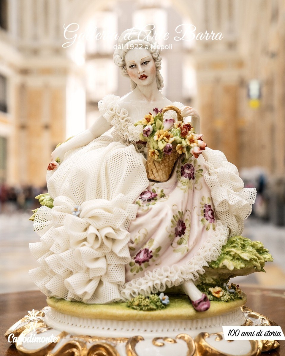 Capodimonte Porcelain Lady With Flower Basket. Lace Dress, In