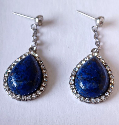 KARIS STS Silver tone Lapis Gemstone Rhinestone 1.5 Dangle Drop Pierced Earrings