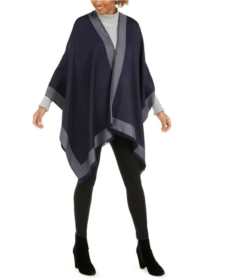 Calvin Klein Metallic Border Ruana Wrap Shawl Navy Grey One Size Rtl ...