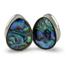 Pair of Steel Double Flare Teardrop Plugs With Abalone Inlay (PS-282) set gauges