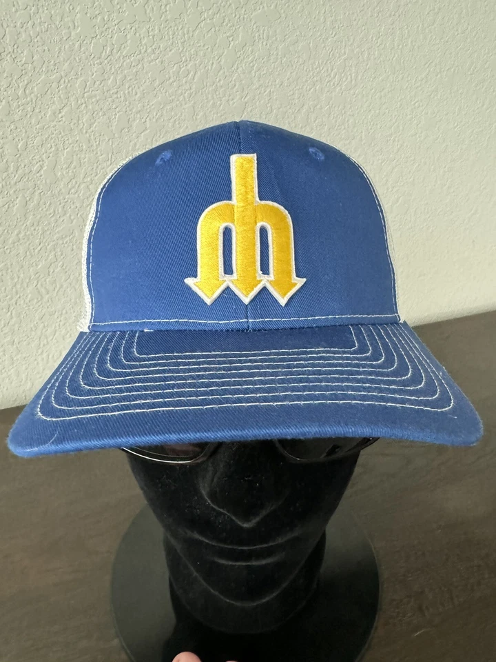 RETRO THROWBACK SEATTLE MARINERS TRIDENT LOGO ADULT SNAPBACK TRUCKER HAT NEW 🔱 - Image 2 of 4