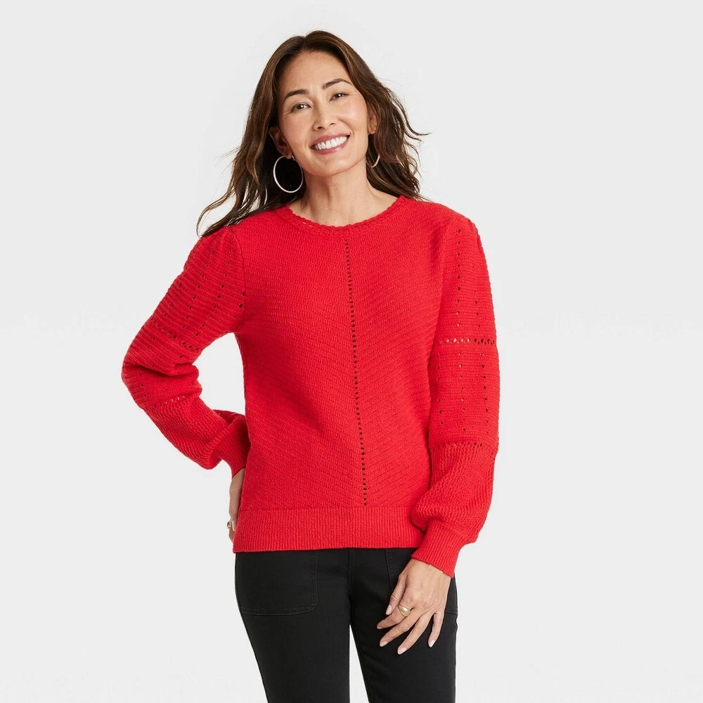 Red crew neck sweater women's sale