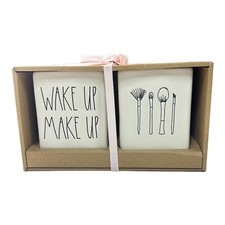 Rae Dunn "WAKE UP MAKE UP" White Brush Cup Set