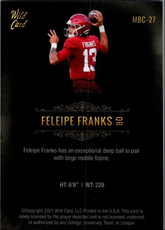 2021 Wild Card Matte White Feleipe Franks Arkansas Razorbacks #MBC-27 - Image 2 of 2