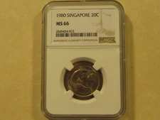 NGC graded MS 66 1980 Singapore 20c SWORDFISH Nice coin    MS 66 !