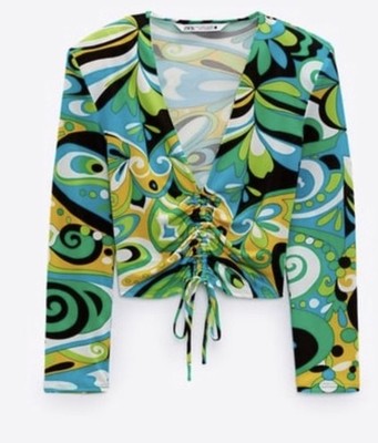 NWT ZARA  70s Psychedelic Retro Print CROP TOP BLOUSE  BLOGGERS Small