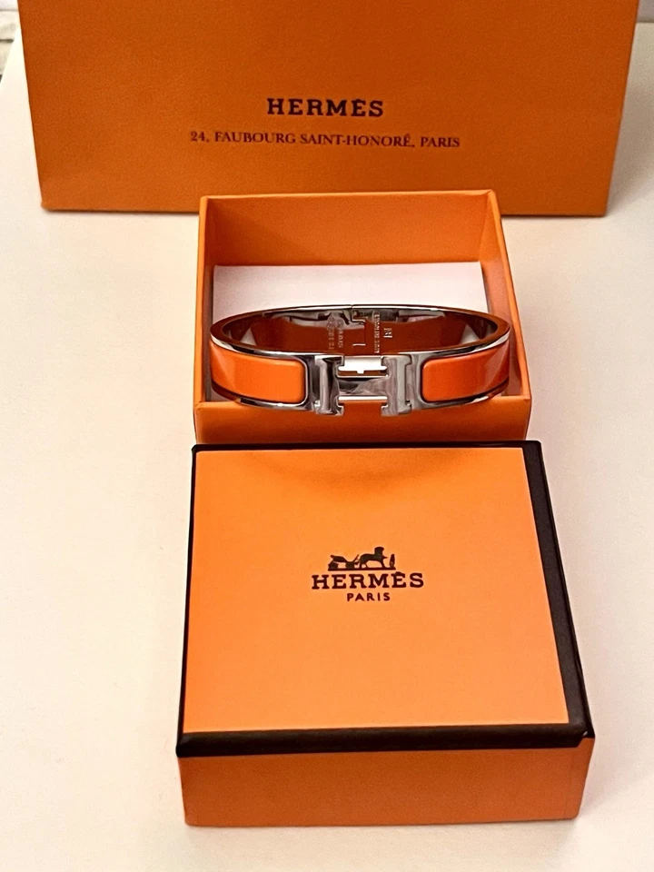 Bracelet Hermès Clic H- Émaillé Orange/argenté- État Neuf - Taille GM Authentic - Photo 3/4