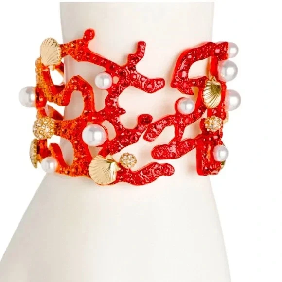 Pulsera Bisagra Betsey Johnson Cristal Rojo Coral Perla Concha Marina Foto 2 de 2