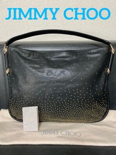 Jimmy Choo Black Studded Leather One Shoulder Bag Semi Shoulder Gold Authentic