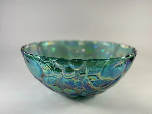Vintage 1930s Indiana Glass Madeira iridescent green carnival glass fruit bowl