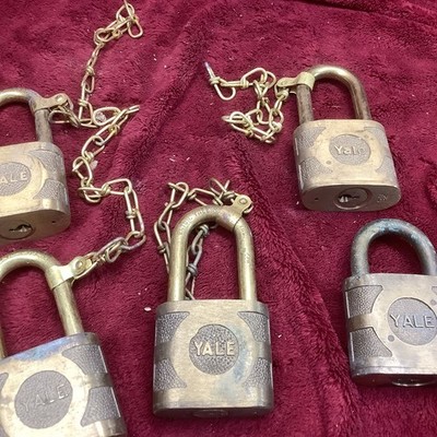 5 Lot~Yale & Towne Super Pin Tumbler Padlock Lock Brass Graphite & Chain No Keys