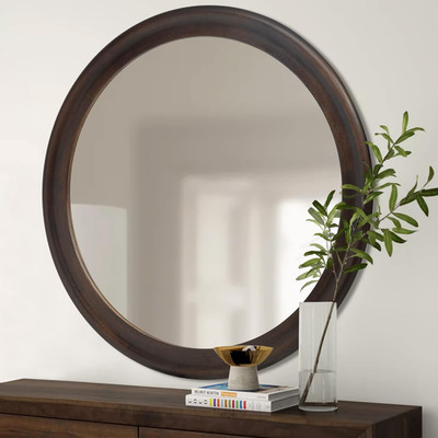 30'' Rustic Round Wall Mirror with Walnut Frame for Farmhouse Decor