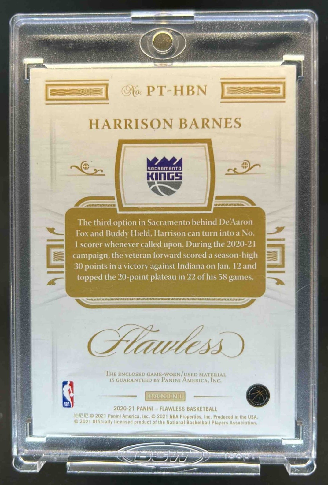 2020-21 Panini Flawless Harrison Barnes Patches Platinum #1/1 Kings view 2