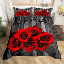 Red Rose Bedding Set King Red Black Valentine's Day Comforter Cover for Girls...