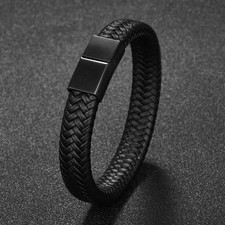 Black Bracelet Men's Braided Leather Bangle Stainless Steel Cuff Wristband USA