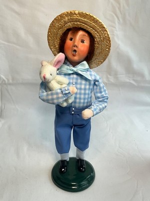 Byers Choice 2023 Easter Boy in Blue & White Gingham  w/ White Bunny Rabbit