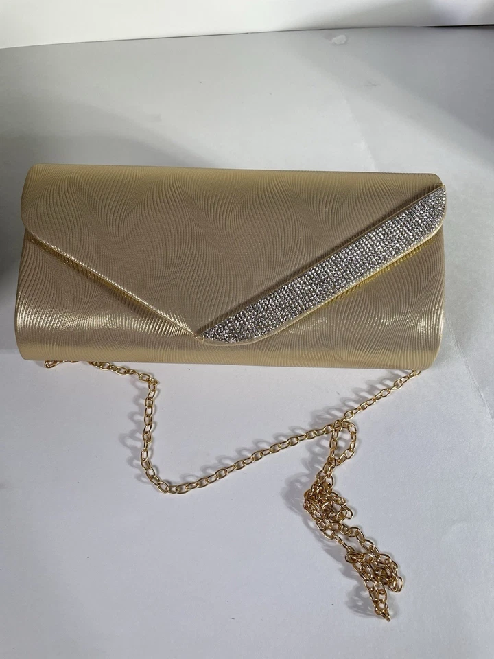Bolso sin asas vintage de metal dorado con cadena/cartera de fiesta/cartera de noche pierna Foto 2 de 4