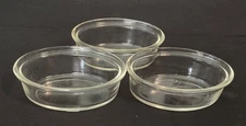 3 ANTIQUE PYREX CL. GLASS 5 OZ OVAL CASSEROLE/UTILITY DISHES W/‘COIN MARK' 1919
