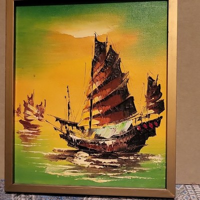 Impressionist Ships Seascape Oil Painting Framed Canvas 11 x 13 Nautical Art