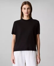 Calvin Klein Fine-Knit Short Sleeve Top Women's S Black Solid Mock Neck Pullover