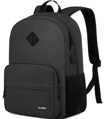 Black Casual Daypack Backpack Fits 15.6 Inch Laptop Water Resistant Bookbag
