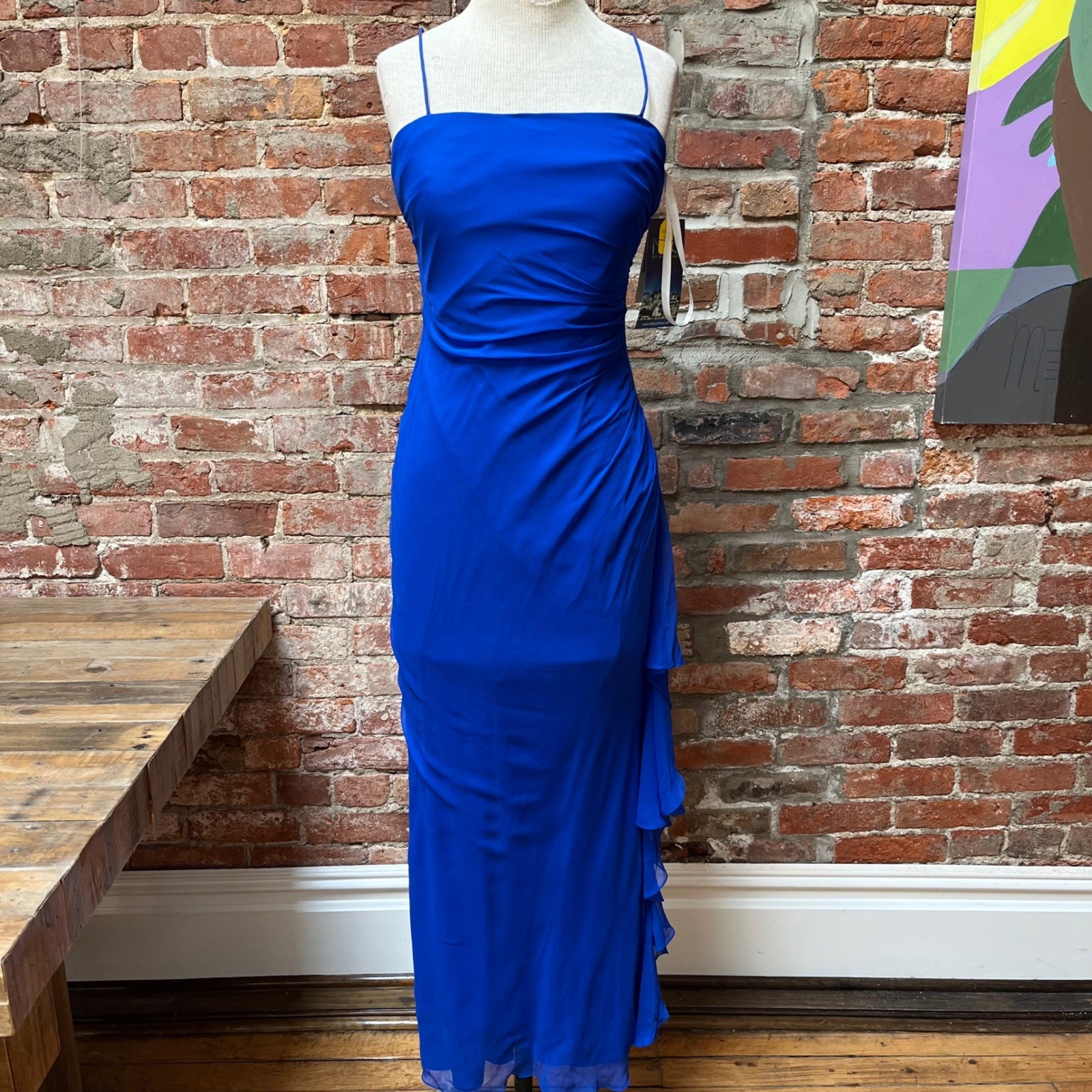 Niki by Niki Livas Blue 100% Silk Ruched Ruffle Maxi Dress Size 6 NWT