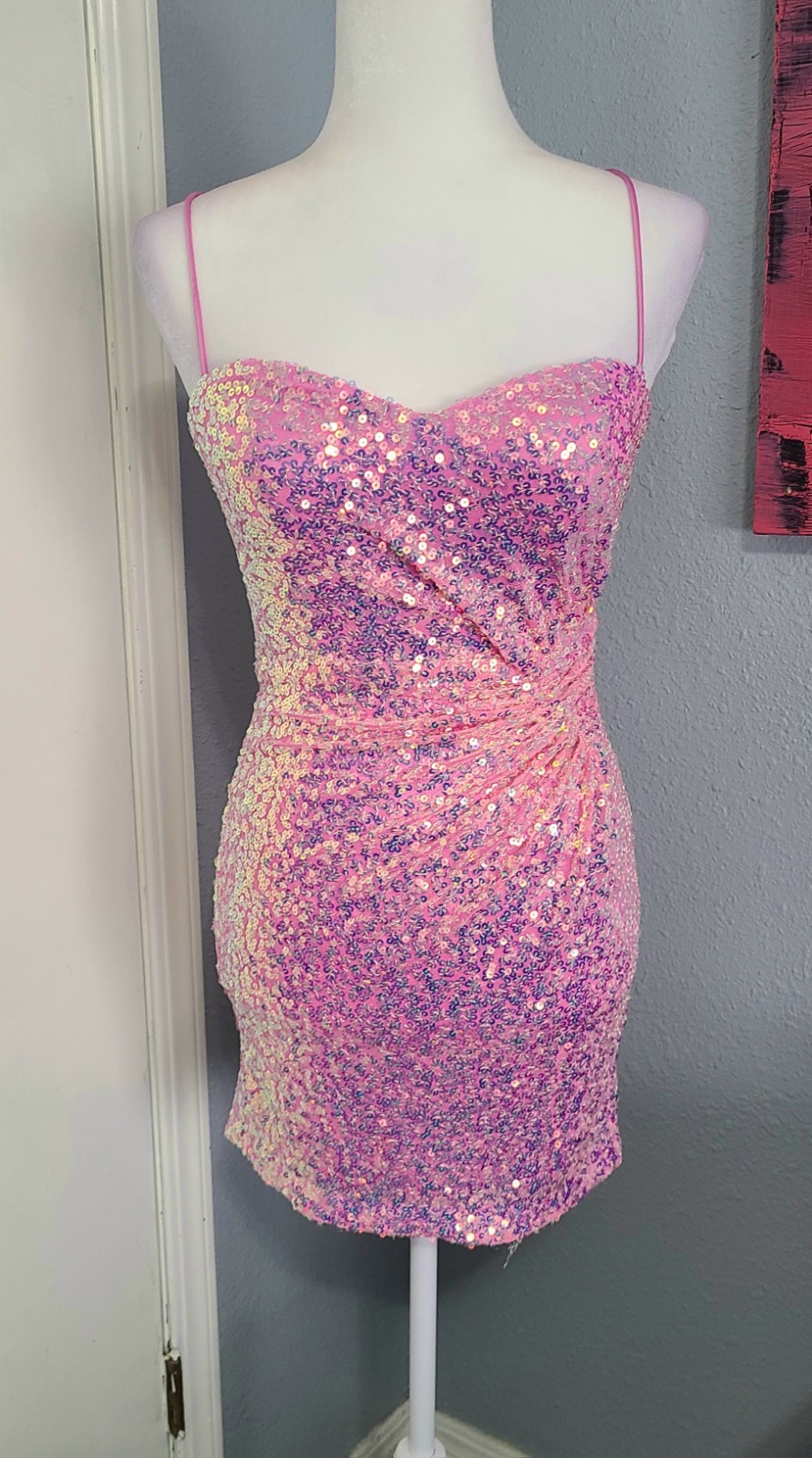 Blondie Nites Pink Sequined Strappy Mini Dress Size 3 Prom Clubwear Open Back