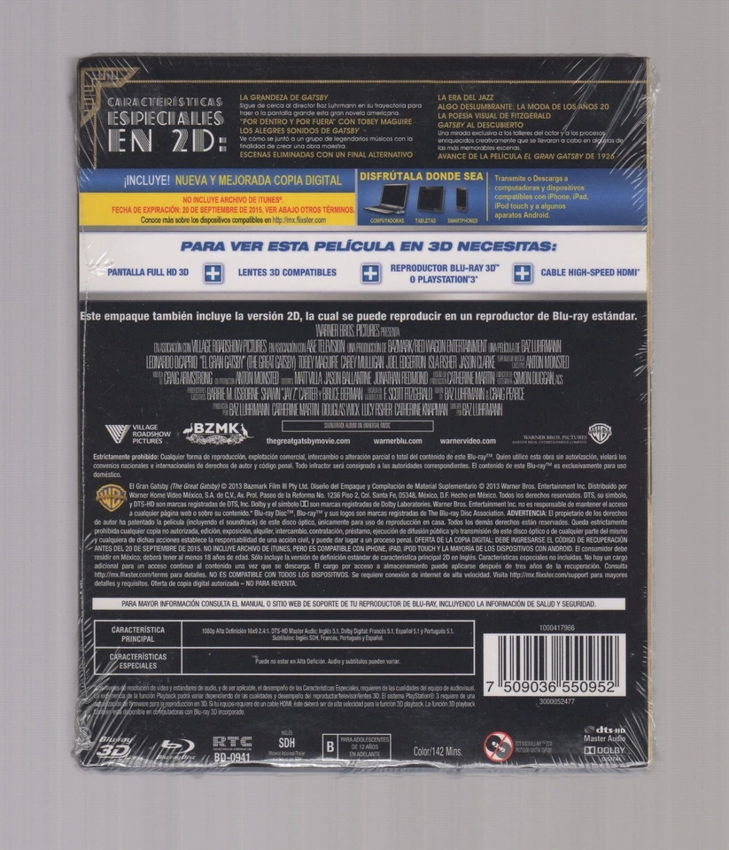 GREAT GATSBY BLURAY 3D W SPANISH LANGUAGE LENTICULAR SLIPCOVER SHIPS FREE - NEW - Image 2 of 4