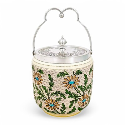 Viktorianischer Silberteller Blumenkeksfass, Gänseblümchenmotiv Keramikdose, um 1890