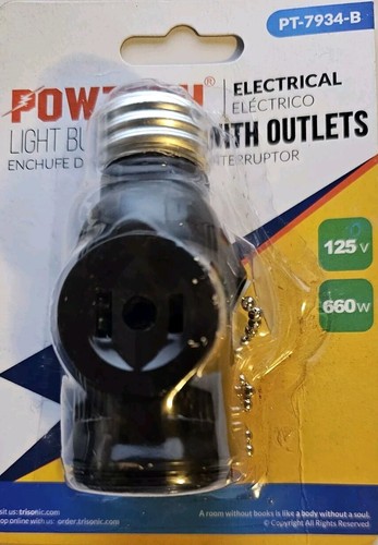 Powtech Outlet Light Socket Adapter with Pull Chain Switch White Screw PT-7934-B