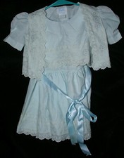 Girls Toddler Dress Sz 3 Frilly Eyelet Sleeveless w Jacket Satin Ribbon Blue Vtg