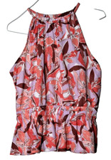 NINE WEST HALTER BLOUSE ladies size XL peach pink purple floral waffle texture