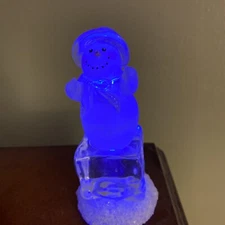 Vintage Frosted Glass Christmas Snowman Lites Up on clear block of ice